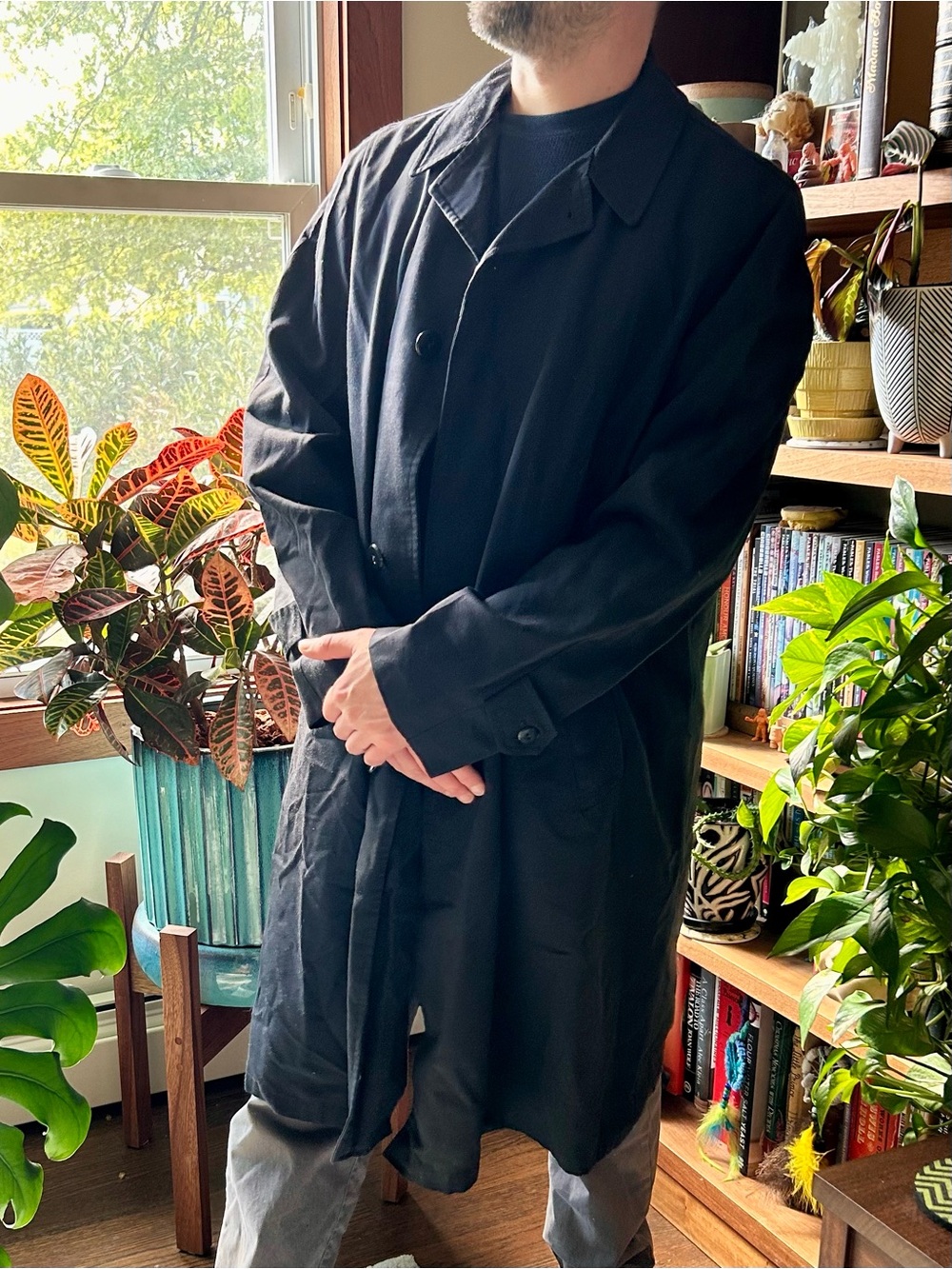 Vintage Men's Black Long Trench Coat - Classic Single-Breasted Overcoat